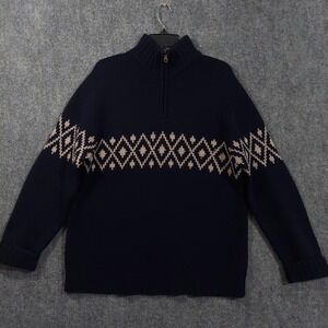 Gap Sweater Mens L Navy Blue Chunky-Knit Mock Neck 1/4 Zip Fair Isle Lambs Wool